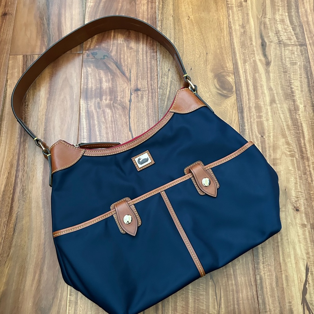 Dooney & Bourke Wayfarer Blue and Tan Shoulder Bag with Leather Accents